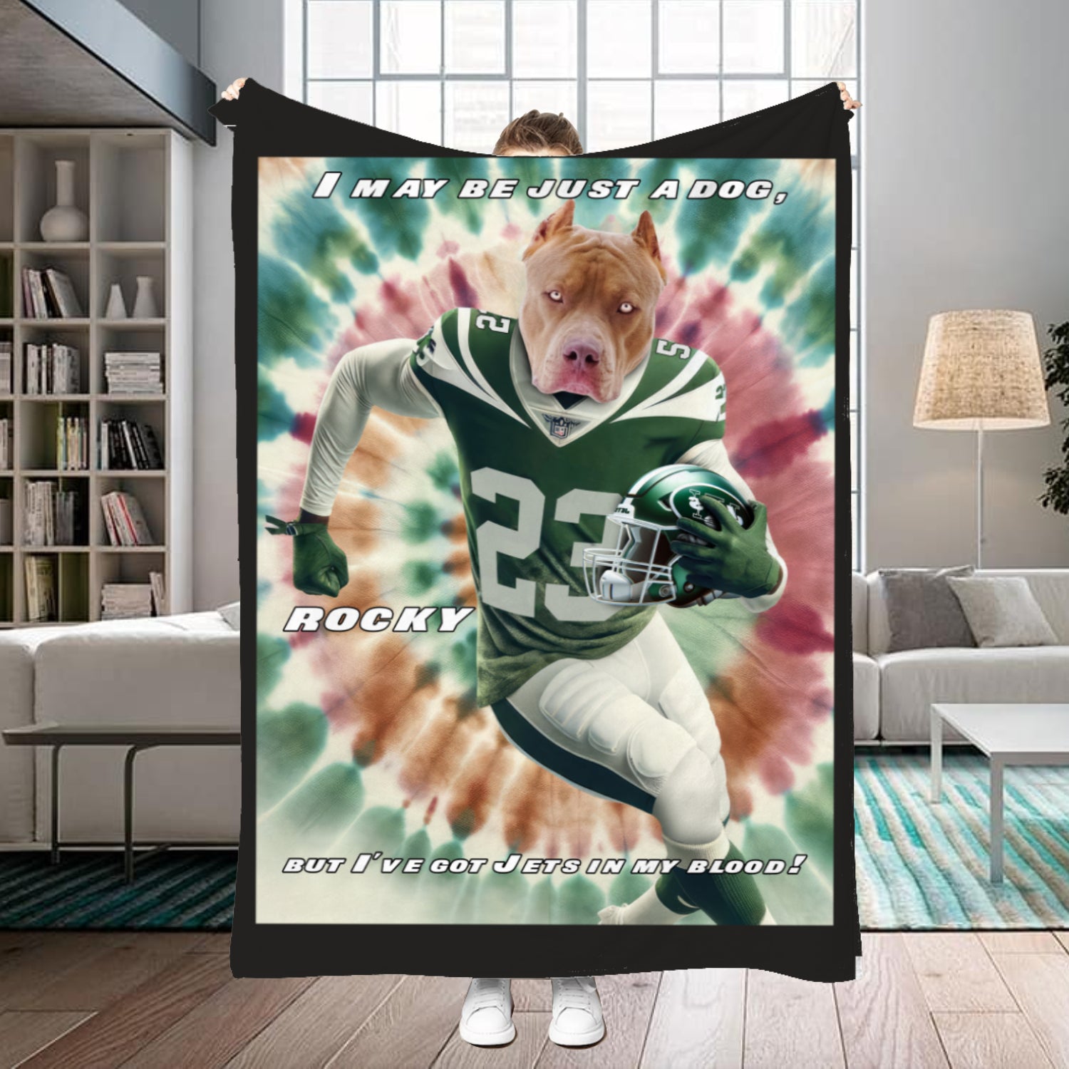 Personalized Name & Photo Football Pet Blanket, New York Jets Tie Dye Dog Cat Blanket, Sport Blanket, Football Lover Gift