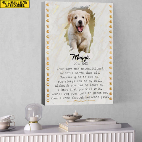 Image of Personalized Pet Memorial Photo Canvas, Your Love Was Unconditional Dog Cat Wall Art, Custom Pet Sympathy Gifts, Dog Loss Gift