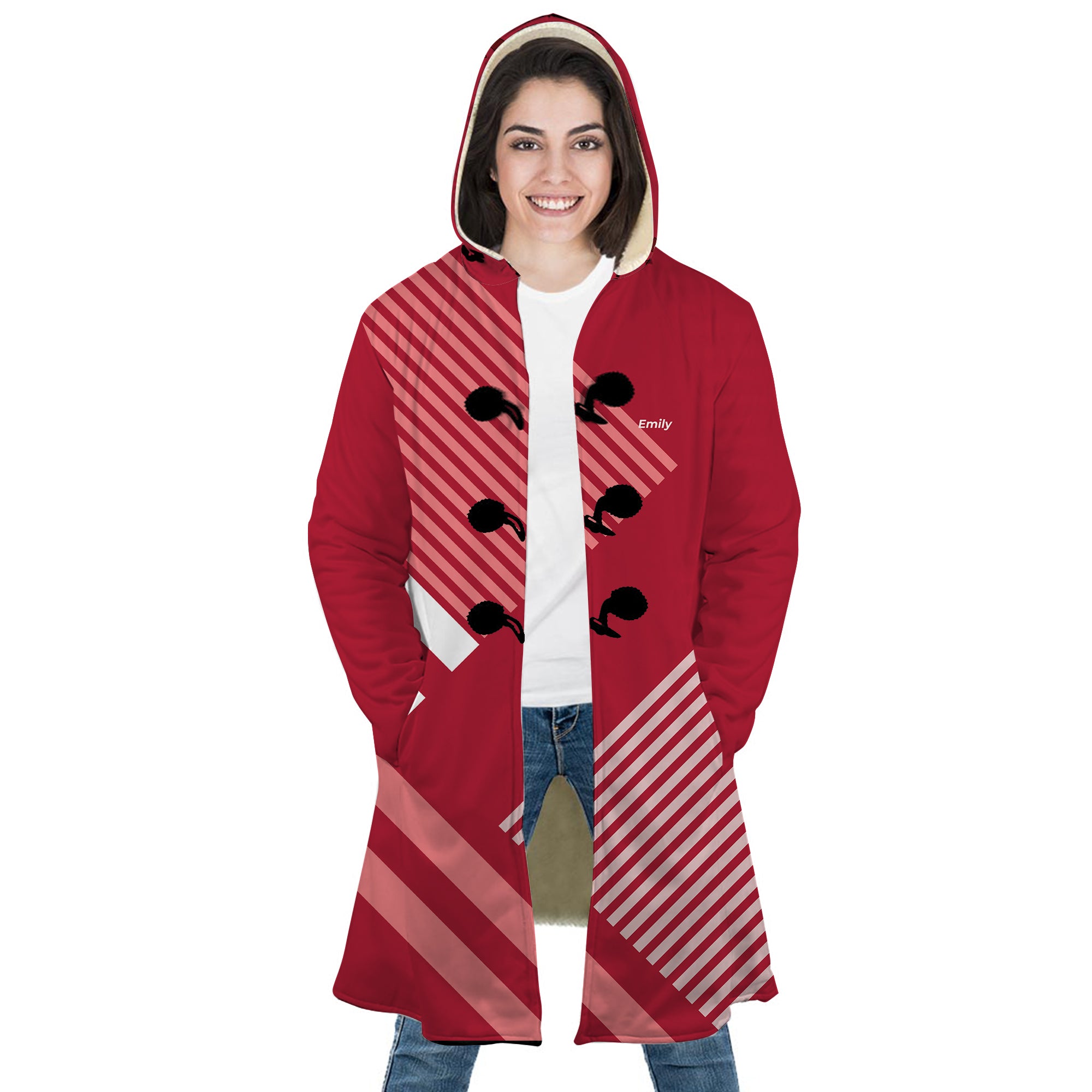 Personalized Hooded Cloak Coat, Red and White Striped Color Block Hooded Cloak Coats