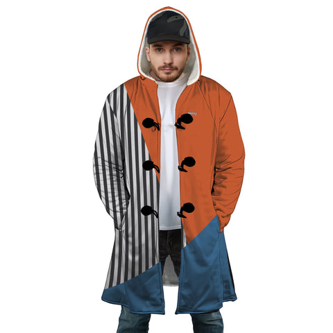 Image of Personalized Hooded Cloak Coat, Rust Blue and Stripes Geometric Color Block Hooded Cloak Coats