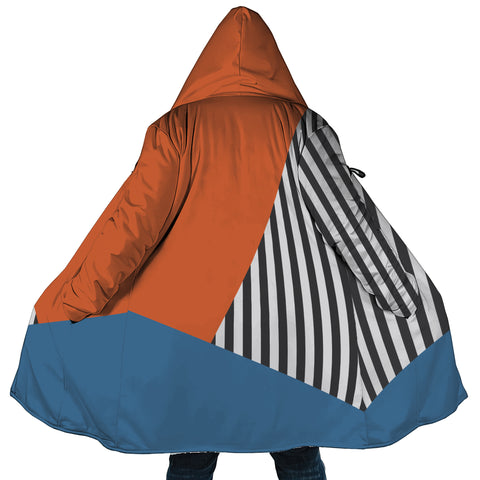 Image of Personalized Hooded Cloak Coat, Rust Blue and Stripes Geometric Color Block Hooded Cloak Coats