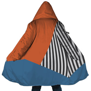 Personalized Hooded Cloak Coat, Rust Blue and Stripes Geometric Color Block Hooded Cloak Coats