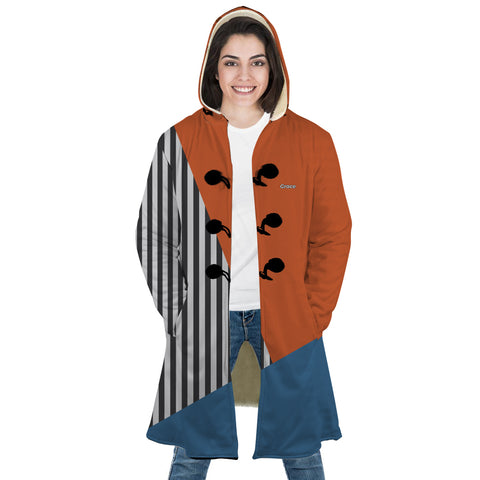 Image of Personalized Hooded Cloak Coat, Rust Blue and Stripes Geometric Color Block Hooded Cloak Coats