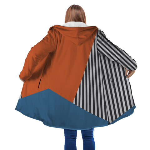 Image of Personalized Hooded Cloak Coat, Rust Blue and Stripes Geometric Color Block Hooded Cloak Coats