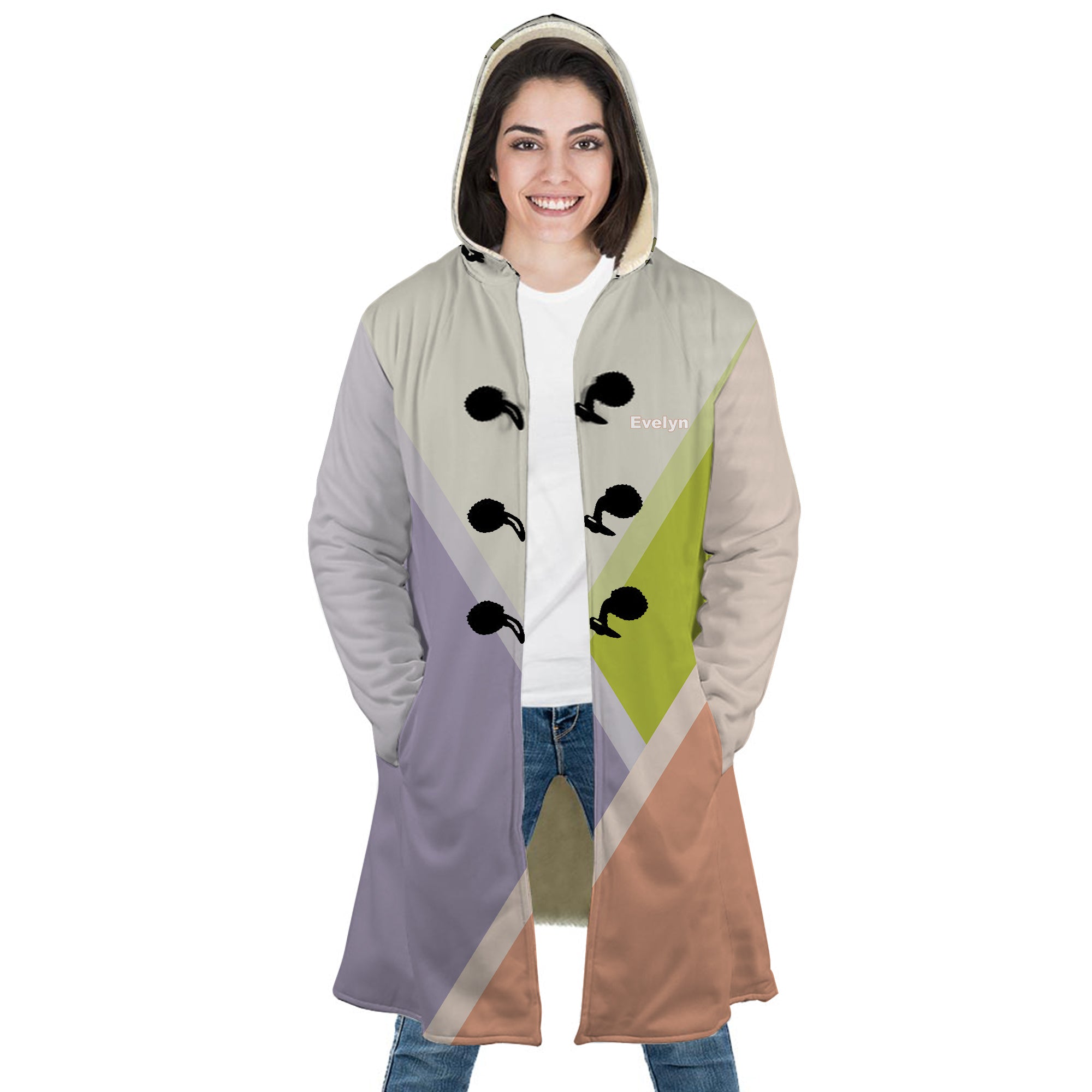 Personalized Hooded Cloak Coat, Light Purple Pink and Green Pastel Women Color Block Hooded Cloak Coats