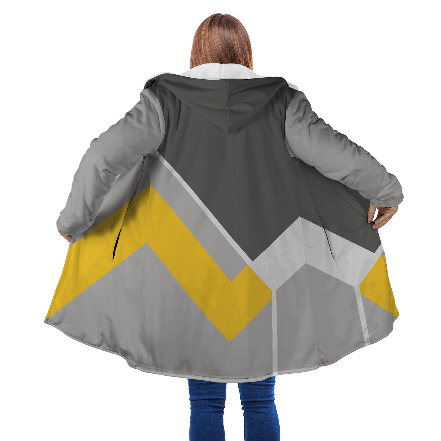 Personalized Hooded Cloak Coat, Gray And Yellow Geometric Men Color Block Hooded Cloak Coats