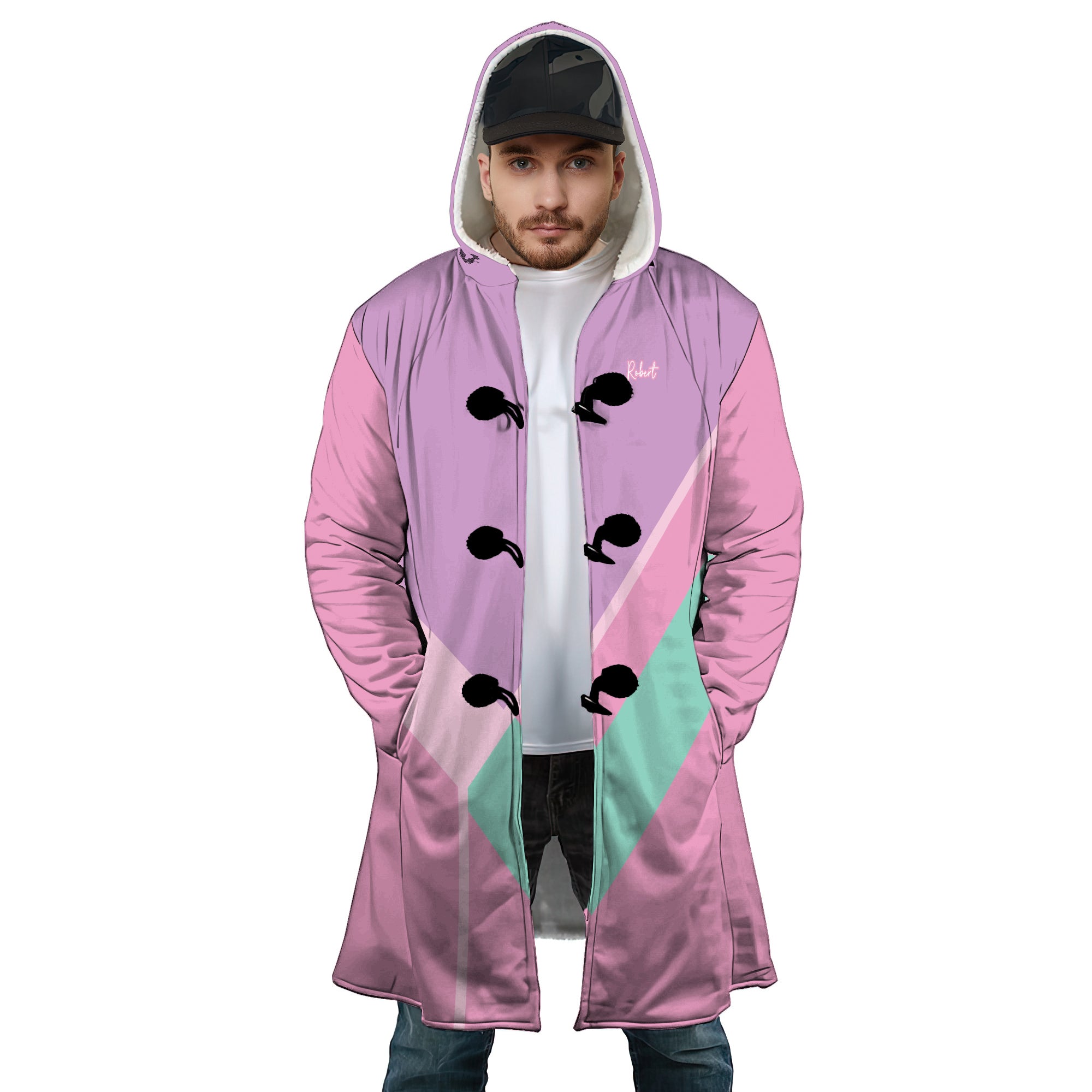 Personalized Hooded Cloak Coat, Pastel Purple Pink and Blue Color Block Hooded Cloak Coats