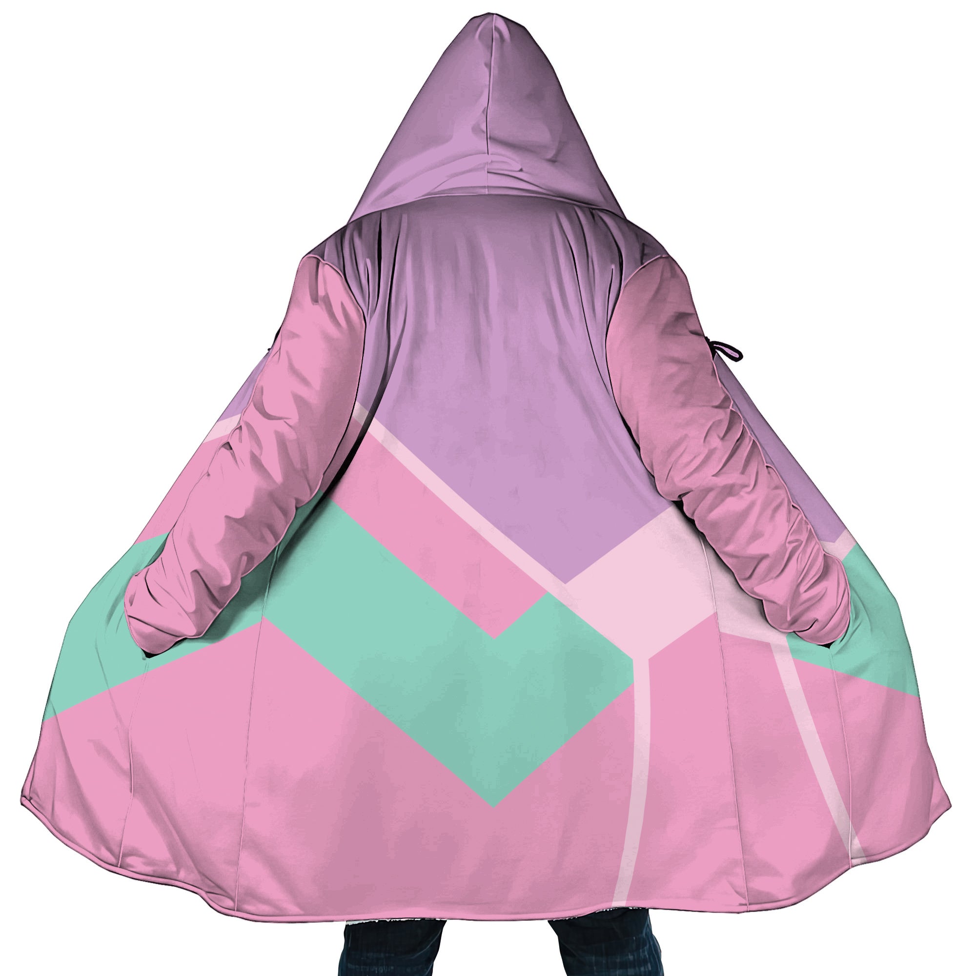 Personalized Hooded Cloak Coat, Pastel Purple Pink and Blue Color Block Hooded Cloak Coats