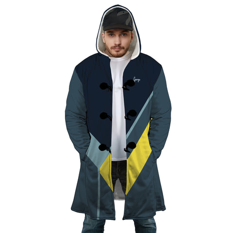 Image of Personalized Hooded Cloak Coat, Blue And Yellow Geometric Men Color Block Hooded Cloak Coats