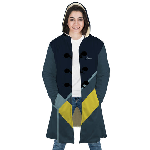 Image of Personalized Hooded Cloak Coat, Blue And Yellow Geometric Men Color Block Hooded Cloak Coats