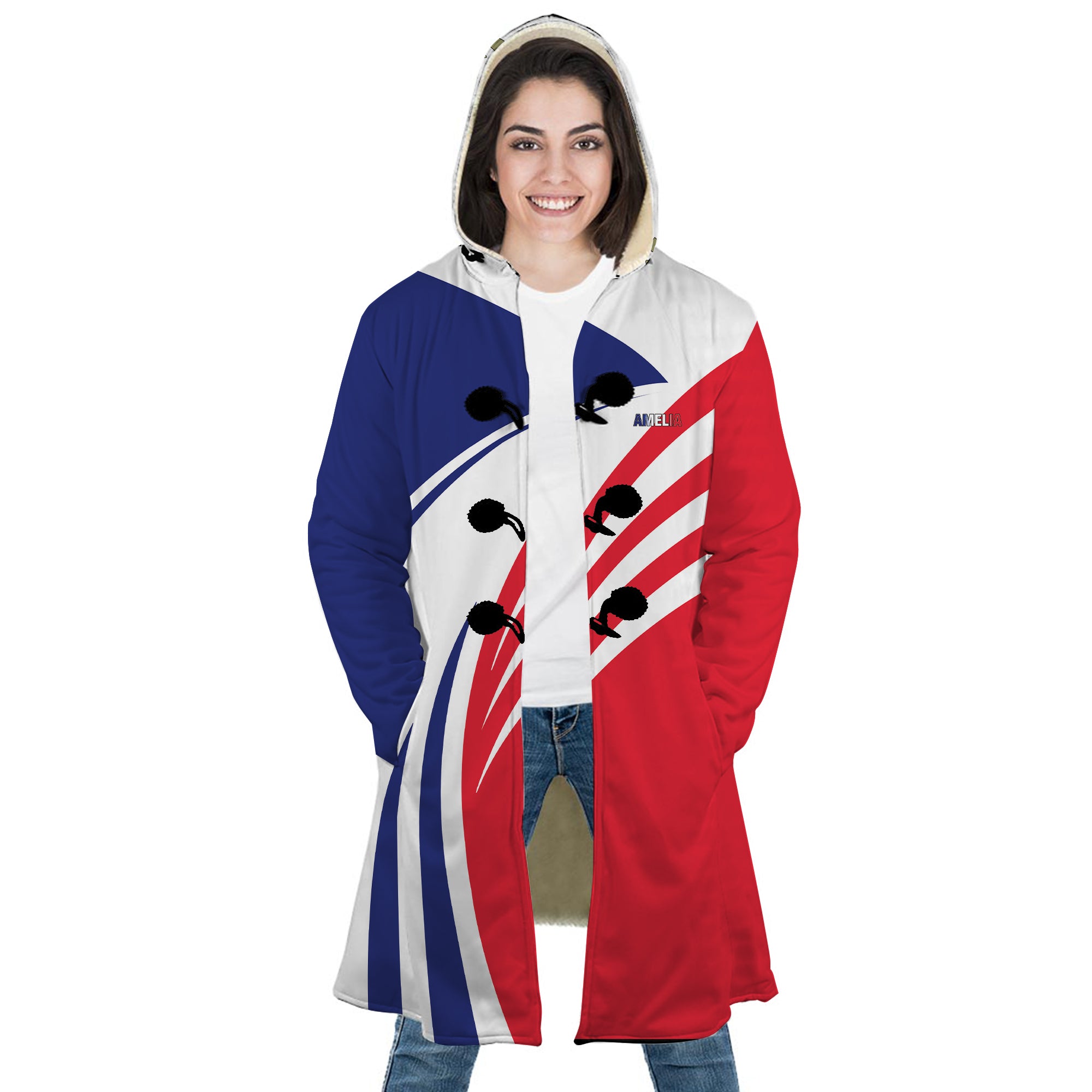 Personalized Hooded Cloak Coat, Blue White Red French Flag Color Block Hooded Cloak Coats