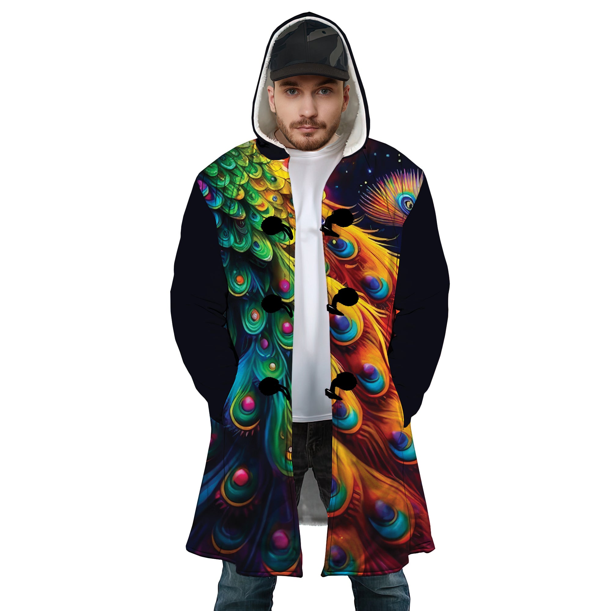 Personalized Hooded Cloak Coat, Colorful Peacock Diamond Painting Hooded Cloak Coats