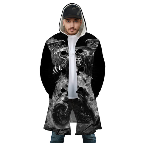 Image of Personalized Hooded Cloak Coat, Motorcycle Fire Skull Riding Hooded Cloak Coats