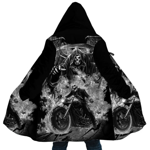 Image of Personalized Hooded Cloak Coat, Motorcycle Fire Skull Riding Hooded Cloak Coats