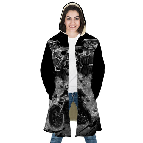 Image of Personalized Hooded Cloak Coat, Motorcycle Fire Skull Riding Hooded Cloak Coats