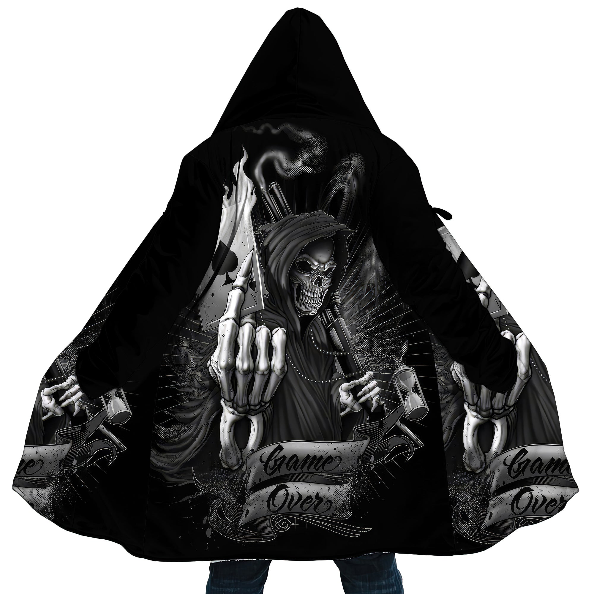 Personalized Hooded Cloak Coat, Skull Grim Reaper Game Over Hooded Cloak Coats