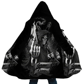 Personalized Hooded Cloak Coat, Skull Grim Reaper Game Over Hooded Cloak Coats