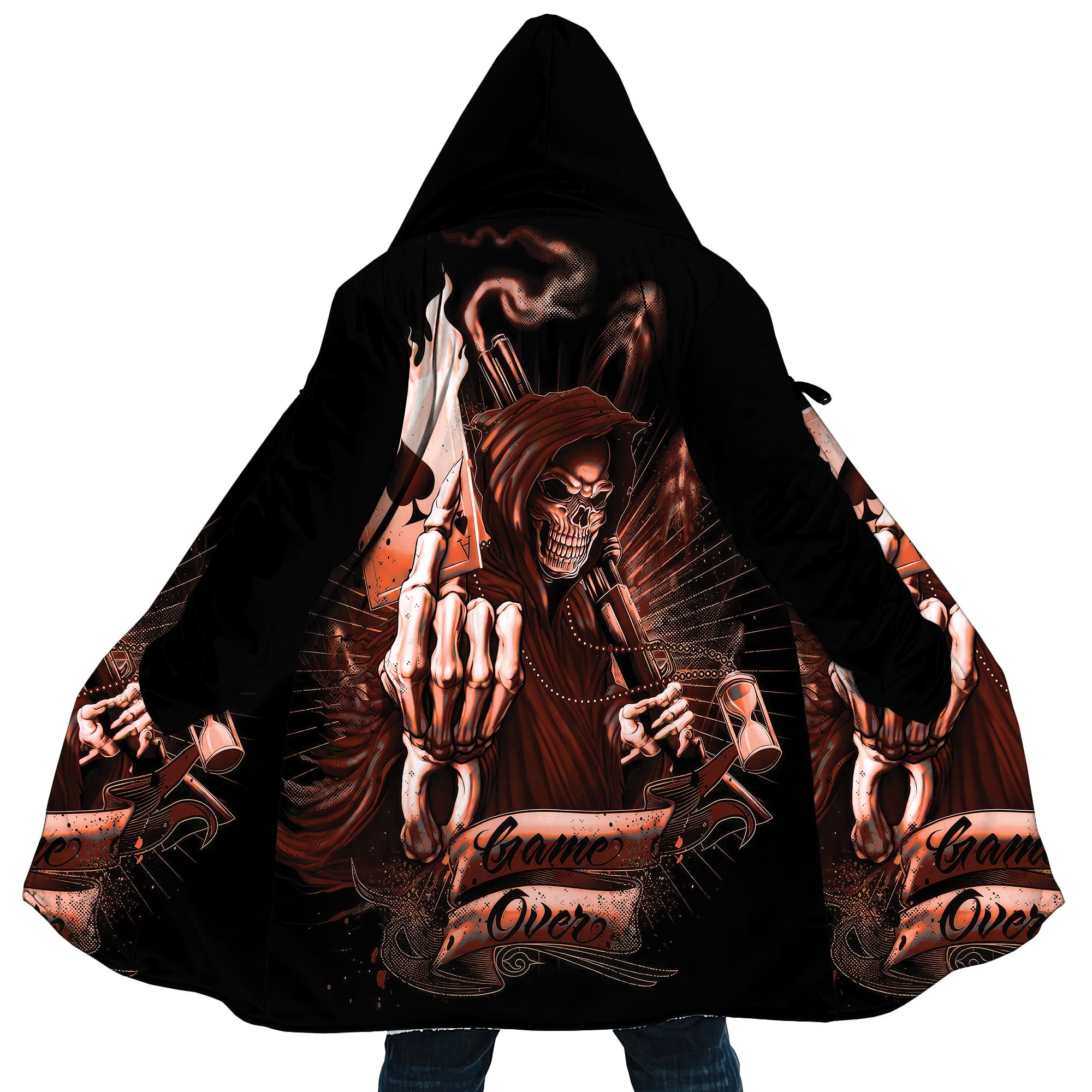 Personalized Hooded Cloak Coat, Skull Grim Reaper Game Over Hooded Cloak Coats