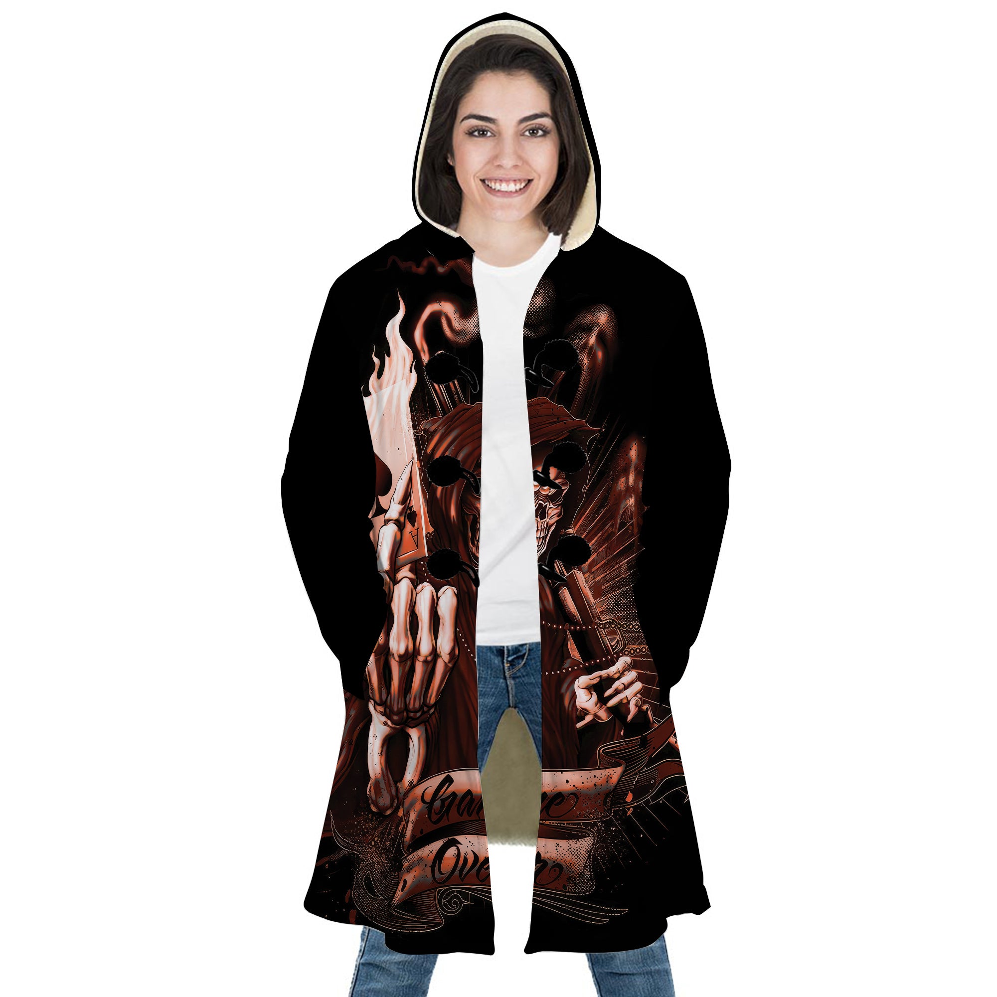 Personalized Hooded Cloak Coat, Skull Grim Reaper Game Over Hooded Cloak Coats