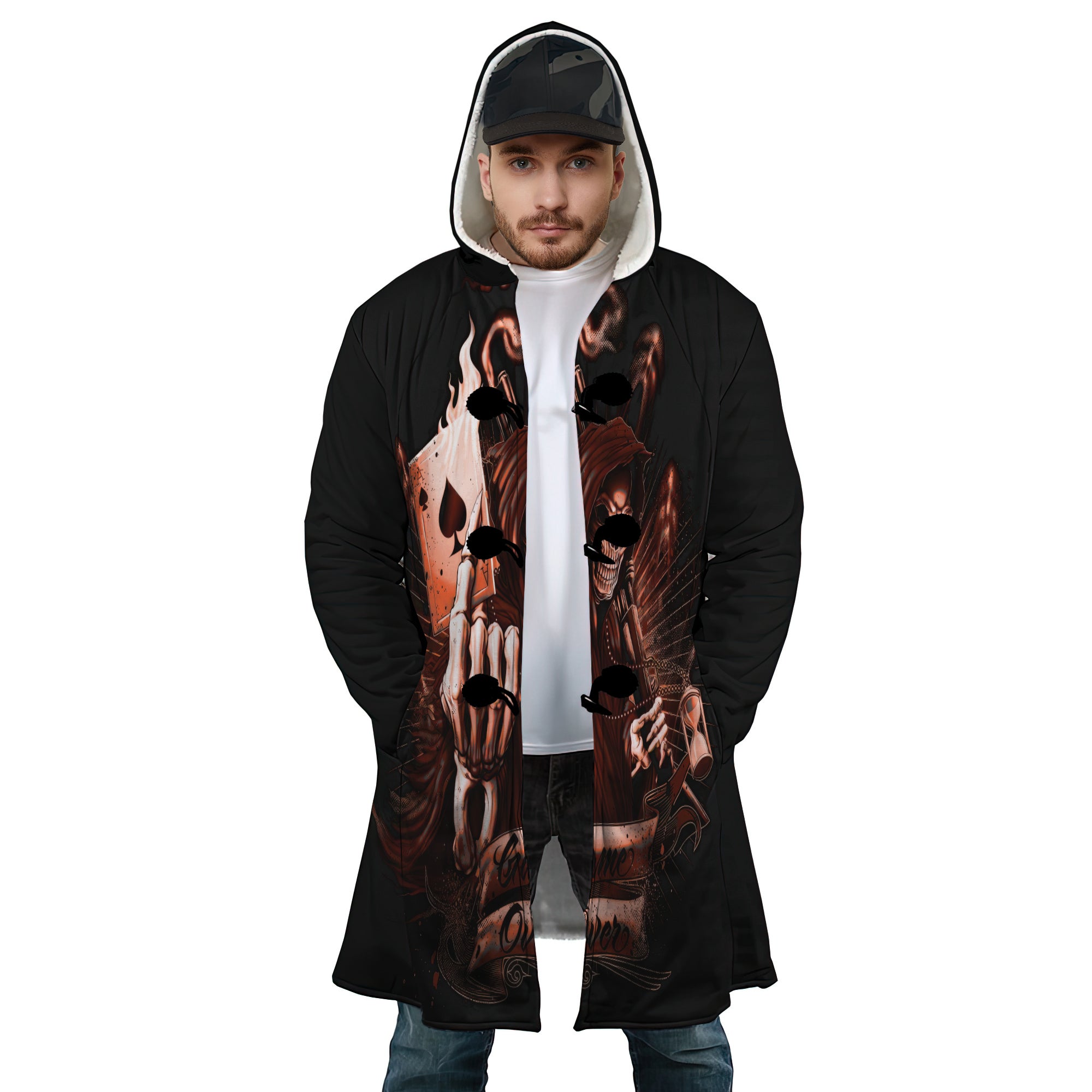 Personalized Hooded Cloak Coat, Skull Grim Reaper Game Over Hooded Cloak Coats