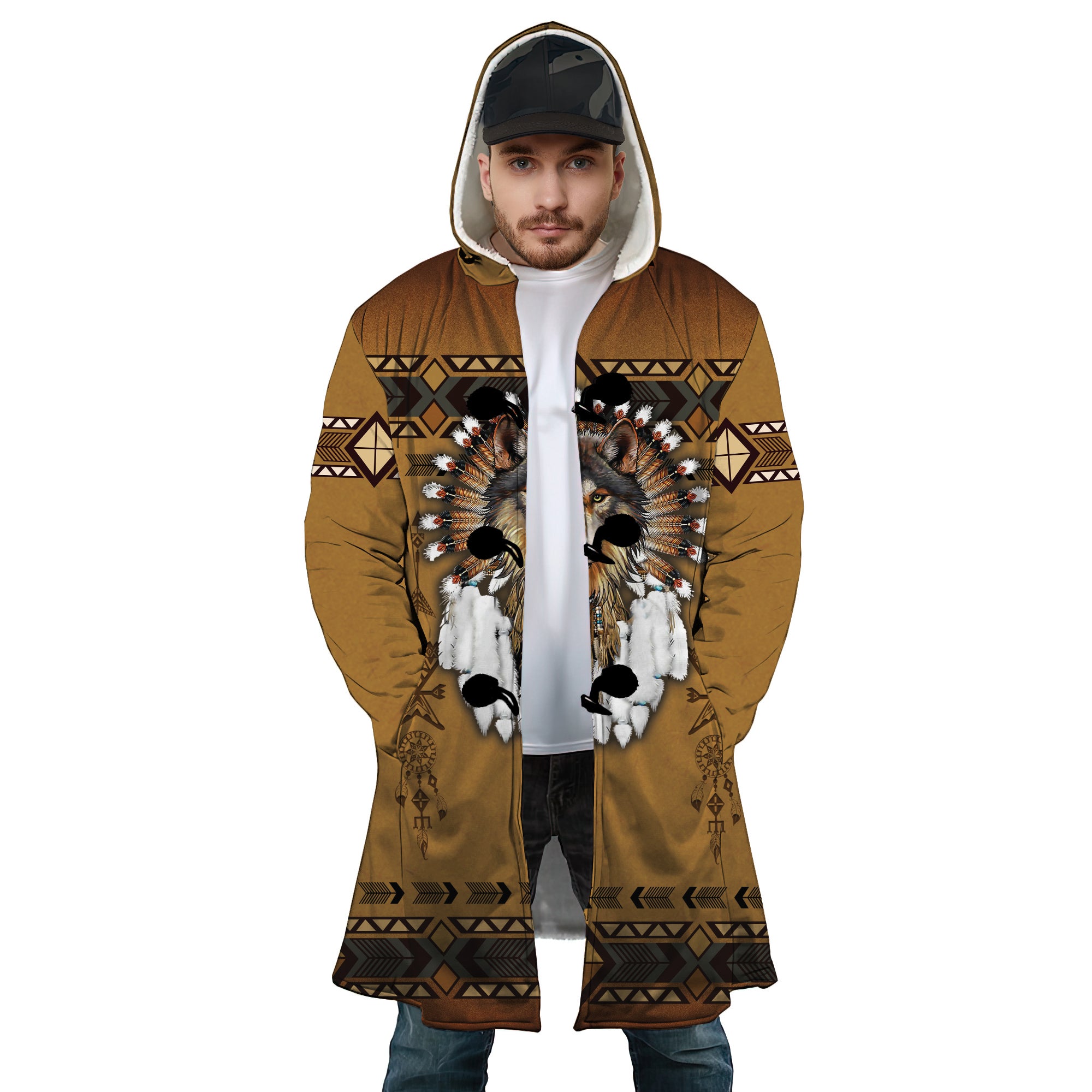 Personalized Hooded Cloak Coat, Native American Dreamcatcher Wolf Hooded Cloak Coats