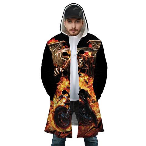 Image of Personalized Hooded Cloak Coat, Motorcycle Fire Skull Riding Hooded Cloak Coats