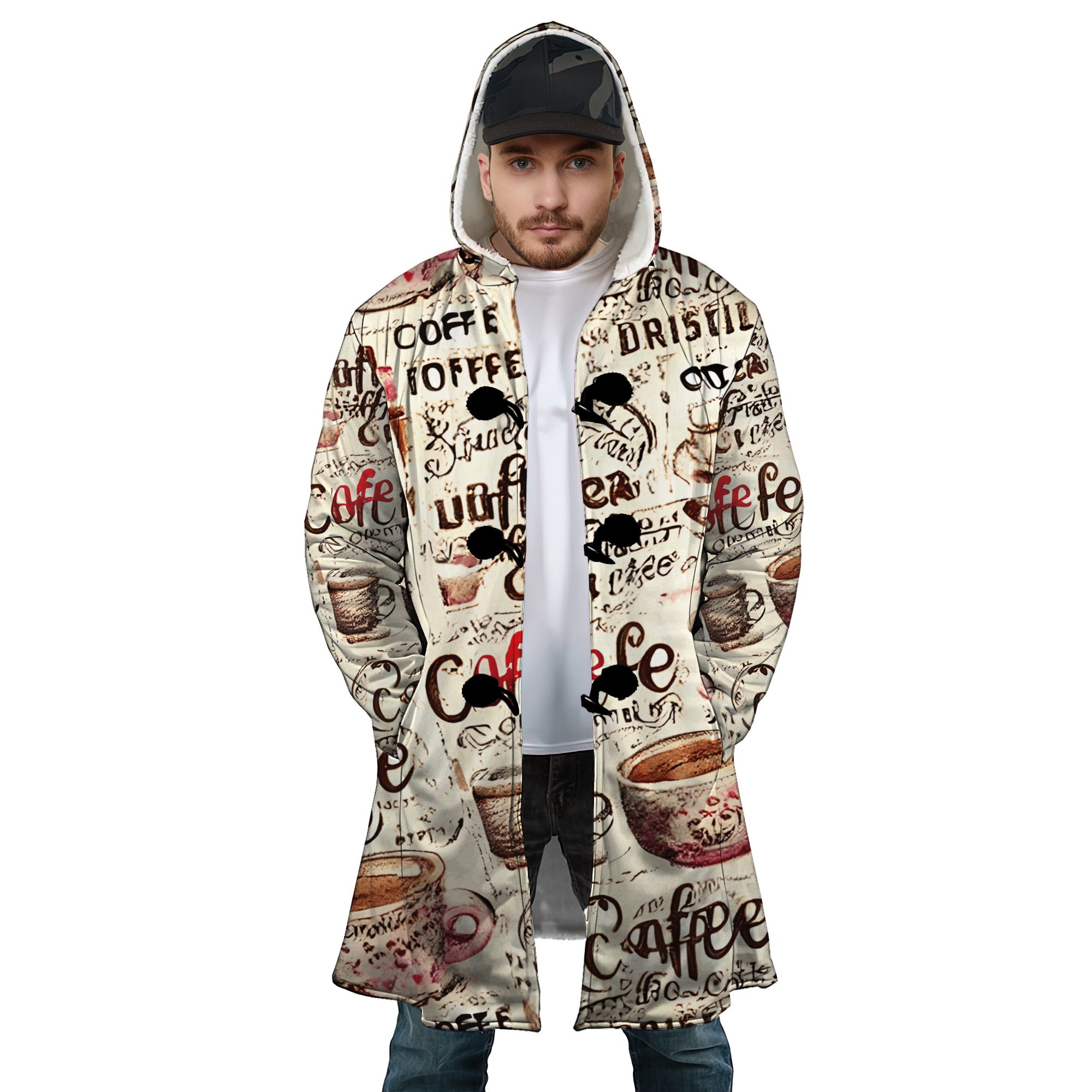 Personalized Hooded Cloak Coat, Vintage Coffee Pattern Cloak Coat