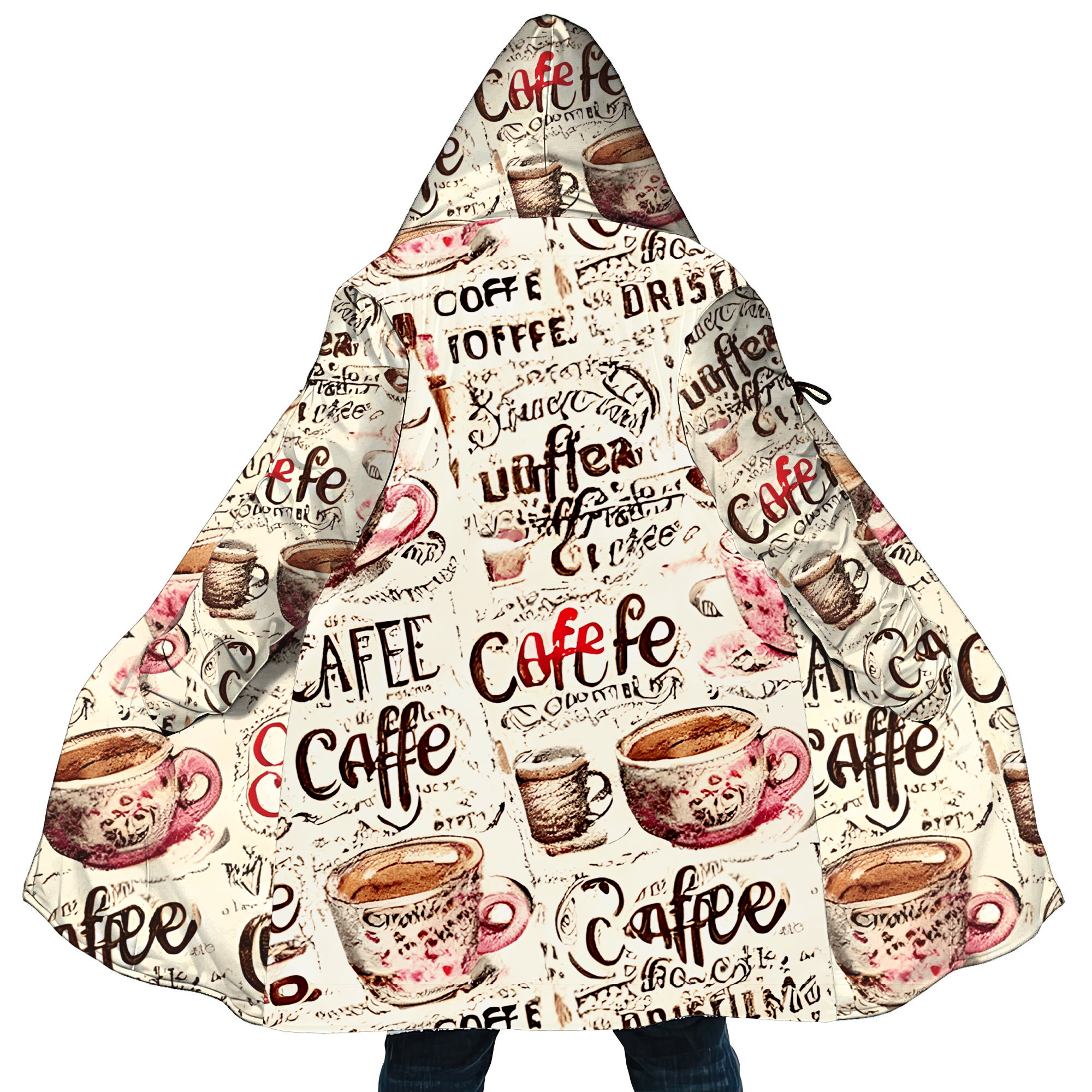 Personalized Hooded Cloak Coat, Vintage Coffee Pattern Cloak Coat