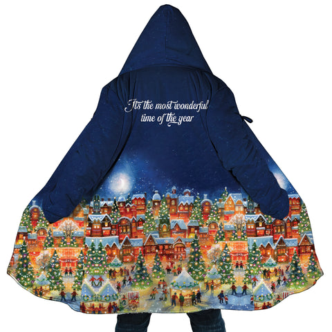 Image of Personalized Hooded Cloak Coat, Christmas Lights Town Scene Hooded Cloak Coats