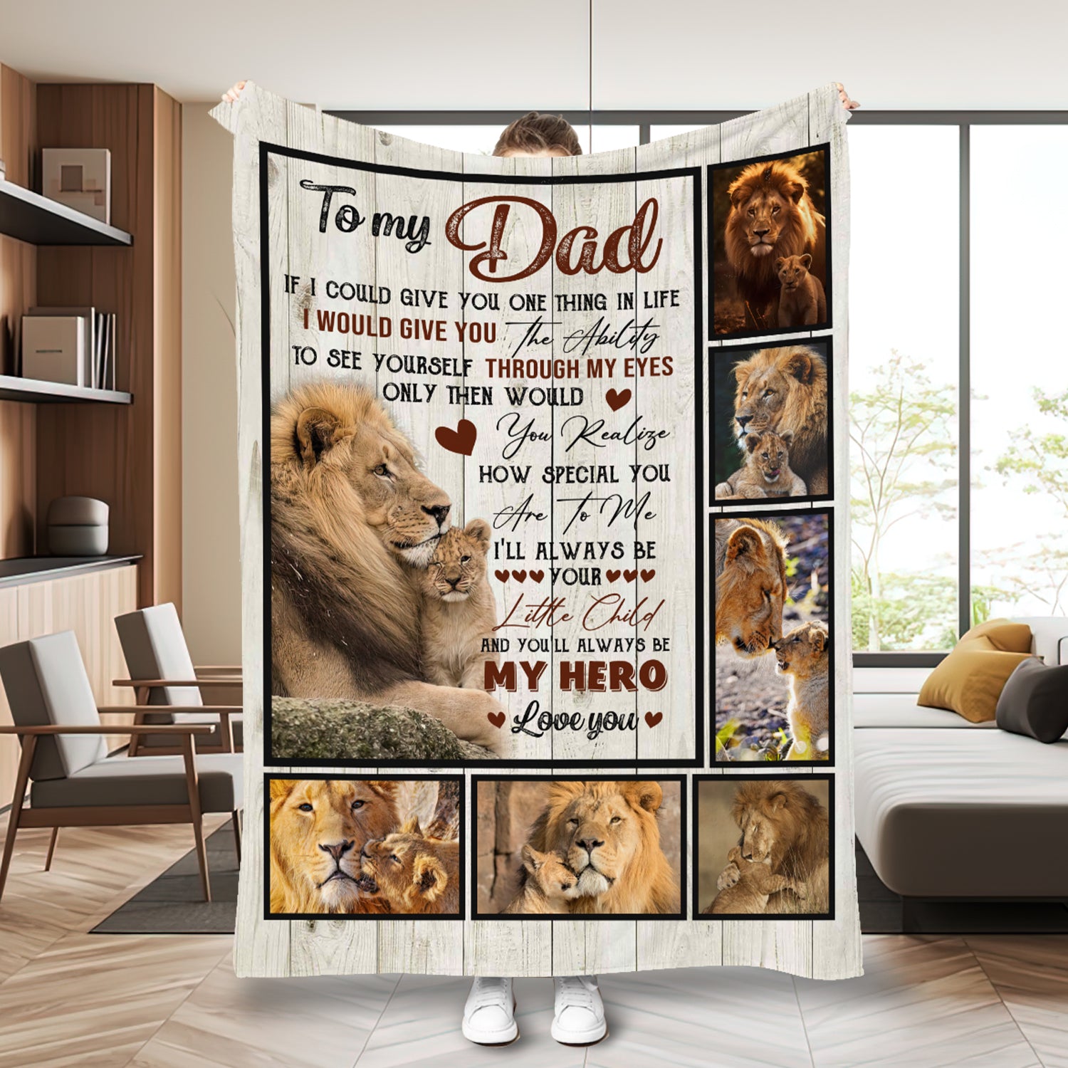 Personalized Dad Blanket, Lion Father & Baby Blanket, Blanket for Dad, Birthday Blanket, Message Blanket, Gift For Dad