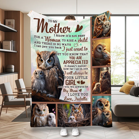 Image of Personalized Mom Blanket, Owl Mom & Daughter Blanket, Message Blanket, Mother Blanket, Gift for Mom, Mother's Day Gift