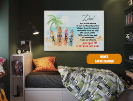 Personalized Dad Surfboard Canvas, Beach Surfing Canvas, Custom Kids Names Canvas, Father's Day Gift