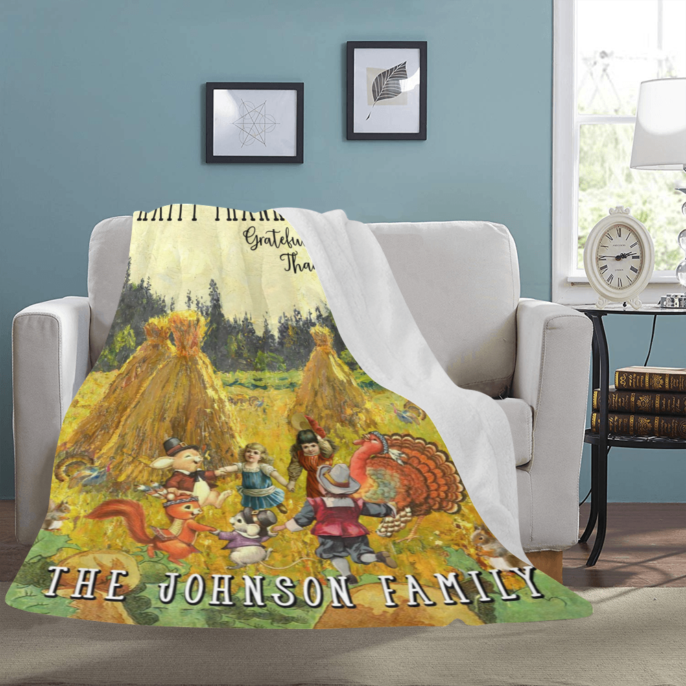 Personalized Happy Thanksgiving Blanket, Custom Name Blanket, Rustic Farm Blanket, Turkey Sherpa Blanket, Thanksgiving Gift