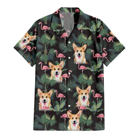 Personalize Pet Hawaiian Shirt Set, Custom Dog Face Pink Flamingos & Palms Hawaiian Shirts and Short Set, Gift For Pet Lover