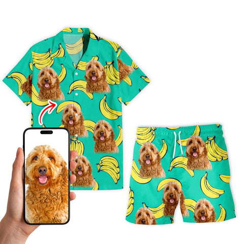 Image of Personalize Pet Hawaiian Shirt Set, Custom Dog Face Banana Pattern Hawaiian Shirts and Short Set, Gift For Pet Lover