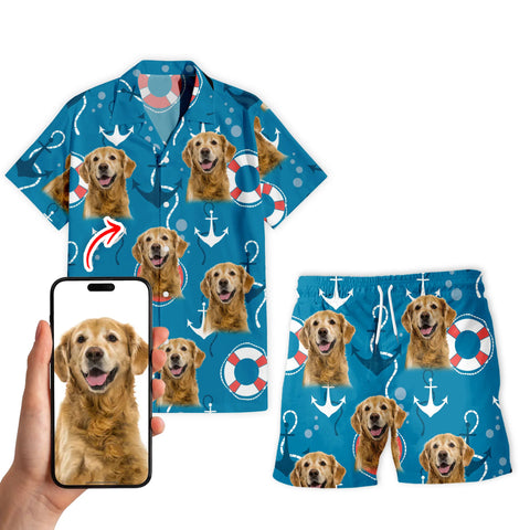 Image of Personalize Pet Hawaiian Shirt Set, Custom Dog Face Nautical Anchor and Lifebuoy Hawaiian Shirts and Short Set, Gift For Pet Lover