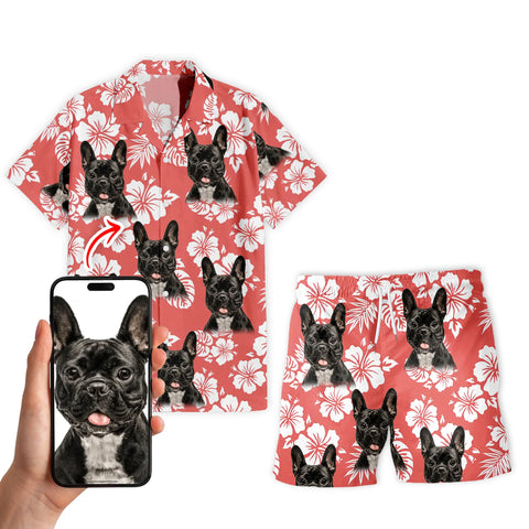 Image of Personalize Pet Hawaiian Shirt Set, Custom Dog Face Red And White Tribal And Hibiscus Flower Hawaiian Shirts and Short Set, Gift For Pet Lover