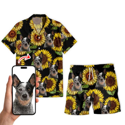 Image of Personalize Pet Hawaiian Shirt Set, Custom Dog Face Sunflower Hawaiian Shirts and Short Set, Gift For Pet Lover