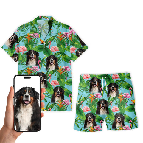 Image of Personalize Pet Hawaiian Shirt Set, Custom Dog Face Flamingo Pattern Palm Leaves Hawaiian Shirts and Short Set, Gift For Pet Lover