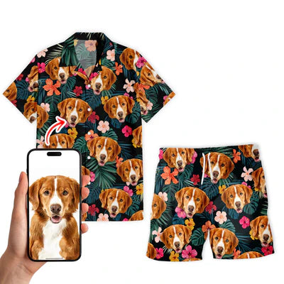 Image of Personalize Pet Hawaiian Shirt Set, Custom Dog Face Hibiscus Tropical Flowers Pattern Hawaiian Shirts and Short Set, Gift For Pet Lover