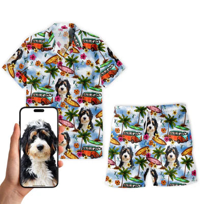 Image of Personalize Pet Hawaiian Shirt Set, Custom Dog Face Summer Beach Surfing Floral Hawaiian Shirts and Short Set, Gift For Pet Lover