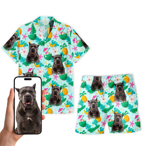 Image of Personalize Pet Hawaiian Shirt Set, Custom Dog Face Summer Tropical Pattern Hawaiian Shirts and Short Set, Gift For Pet Lover