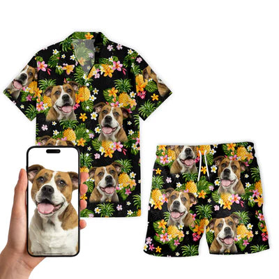 Image of Personalize Pet Hawaiian Shirt Set, Custom Dog Face Tropical Pineapple Hawaiian Shirts and Short Set, Gift For Pet Lover