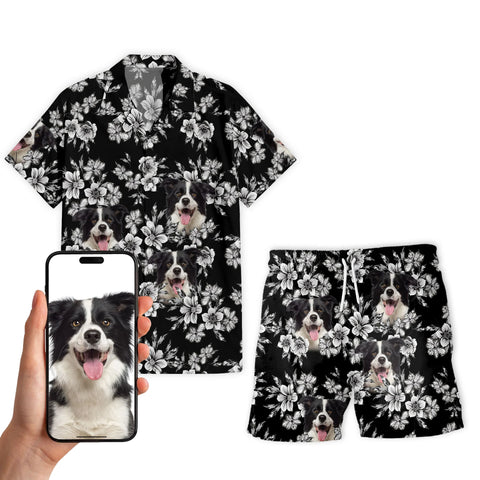 Image of Personalize Pet Hawaiian Shirt Set, Custom Dog Face Black and White Floral Tropical Hawaiian Shirts and Short Set, Gift For Pet Lover