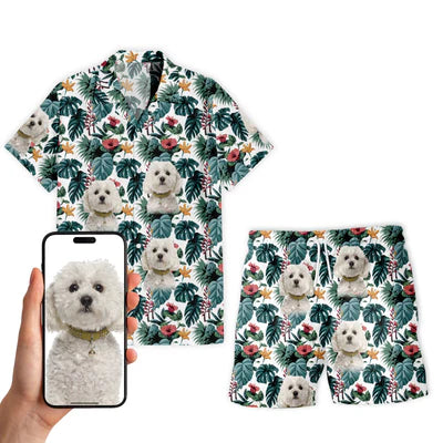 Image of Personalize Pet Hawaiian Shirt Set, Custom Dog Face Palm Leaf Flowers Hawaiian Shirts and Short Set, Gift For Pet Lover