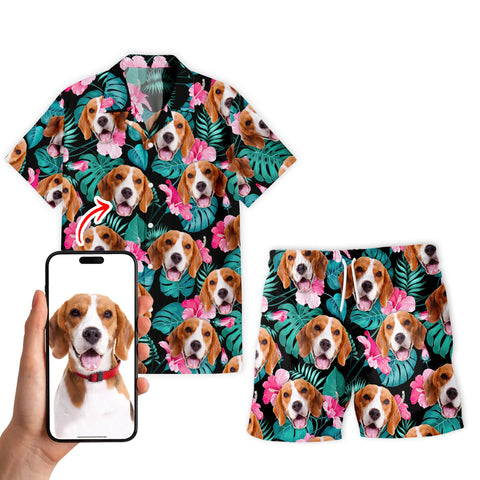 Image of Personalize Pet Hawaiian Shirt Set, Custom Dog Face Tropical Pink Floral Pattern Hawaiian Shirts and Short Set, Gift For Pet Lover