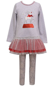 Bonnie Jean Girls Christmas Holidays Reindeer Applique Tutu Dress & Snowflake Legging Sets