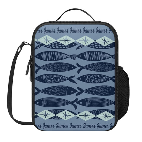 Image of Personalized Kids Backpack and Lunch Box Set, Custom Name Abstract Fish Ocean Animals Backpack With Vertical Lunch Box Matching Combo