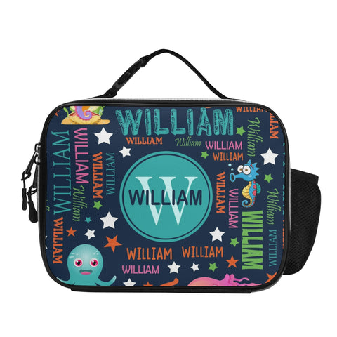 Image of Personalized Kids Backpack and Lunch Box Set, Custom Name Colorful Lettering Sea Animal Backpack With Lunch Box Set