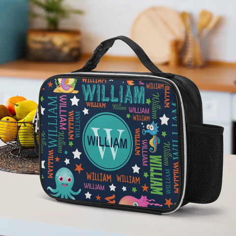 Image of Personalized Kids Backpack and Lunch Box Set, Custom Name Colorful Lettering Sea Animal Backpack With Lunch Box Set